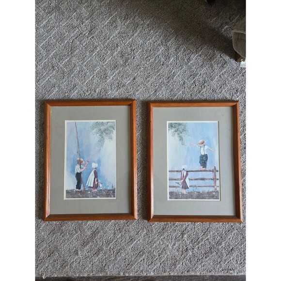 Set of 2 Vintage Framed Amish Children Prints – Country Life Scenes - Picture 1 of 4